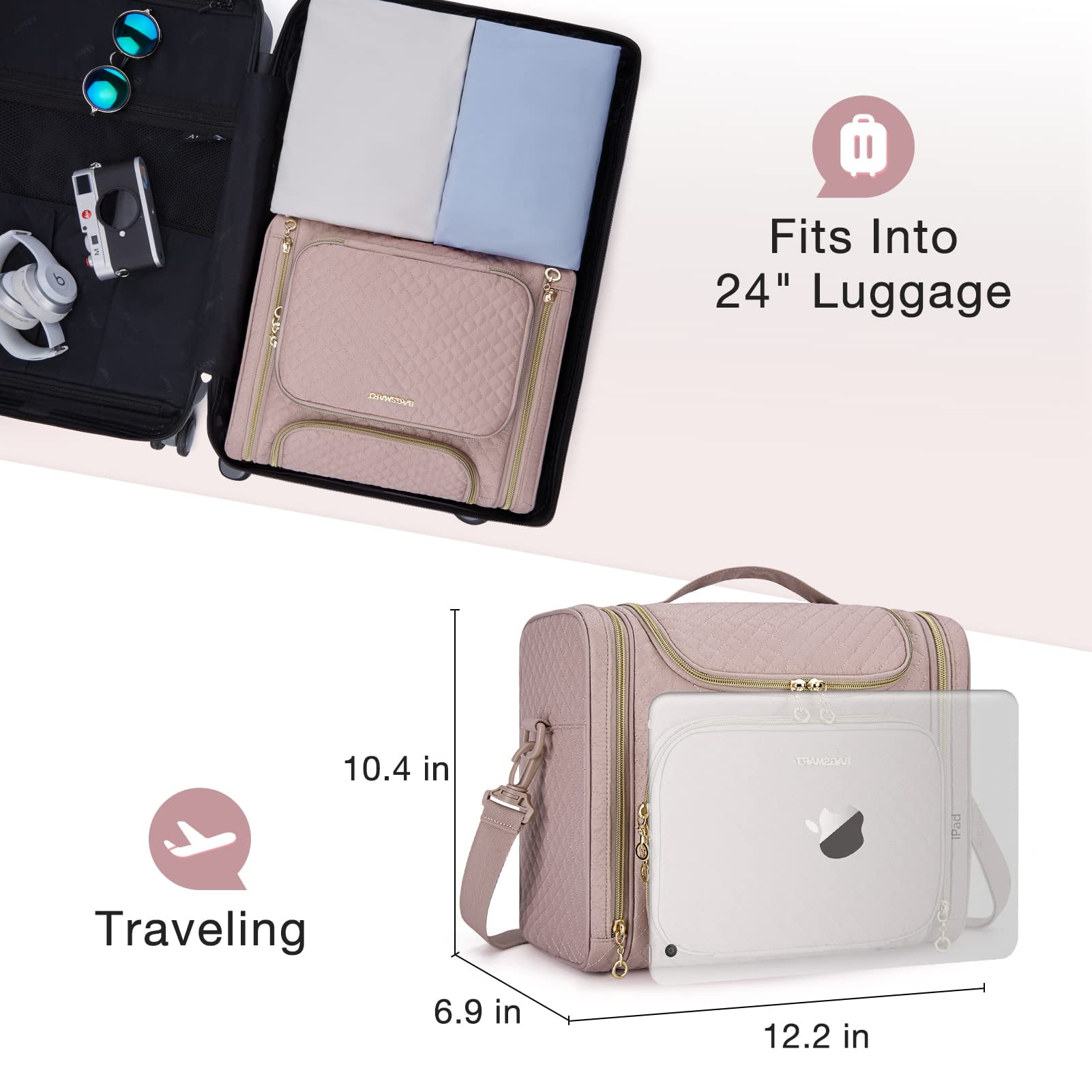 BAGSMART Extra Large Travel Toiletry Bag, Water-resistant Makeup Cosmetic Bag with Hanging Hook, Travel Toiletries Accessories Organizer Essentials, Full Sized Container, Pink