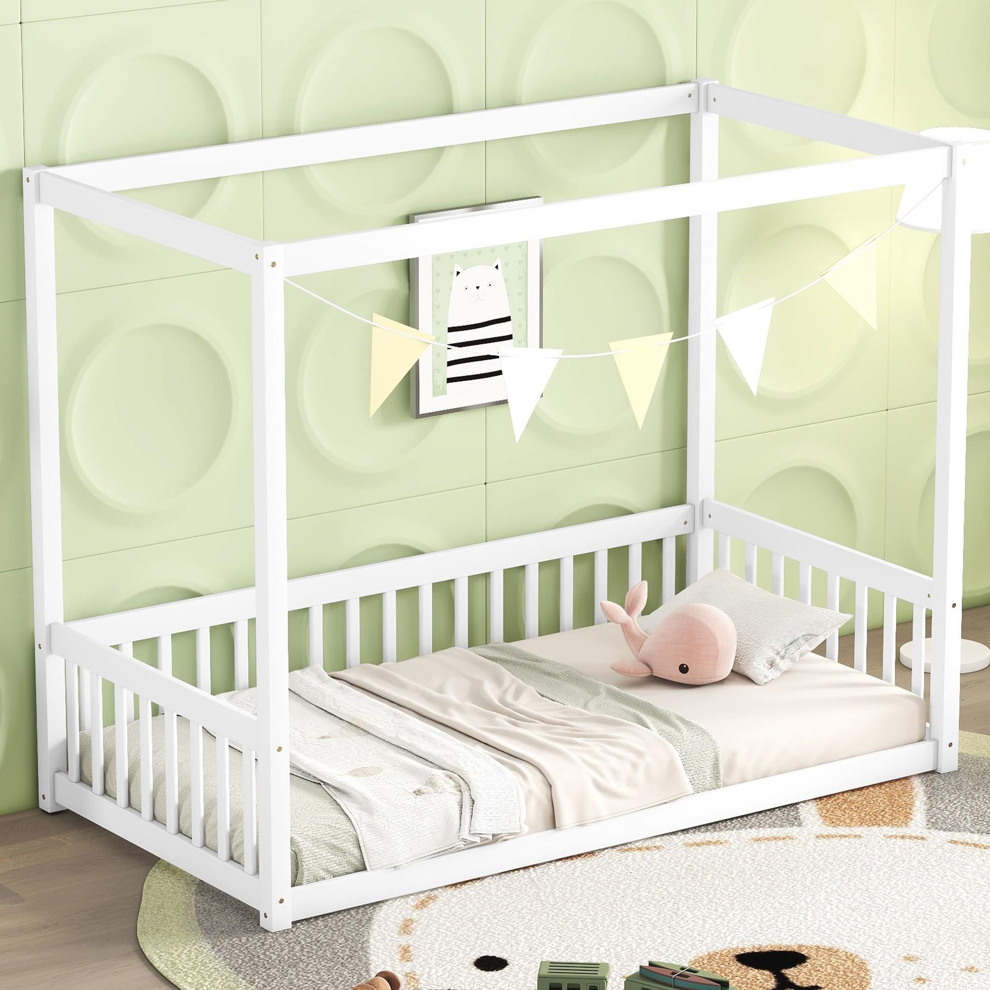 PORKISS Kids Montessori Floor Bed, Twin Size Floor Bed with Fence and Canopy for Girls Boys, White