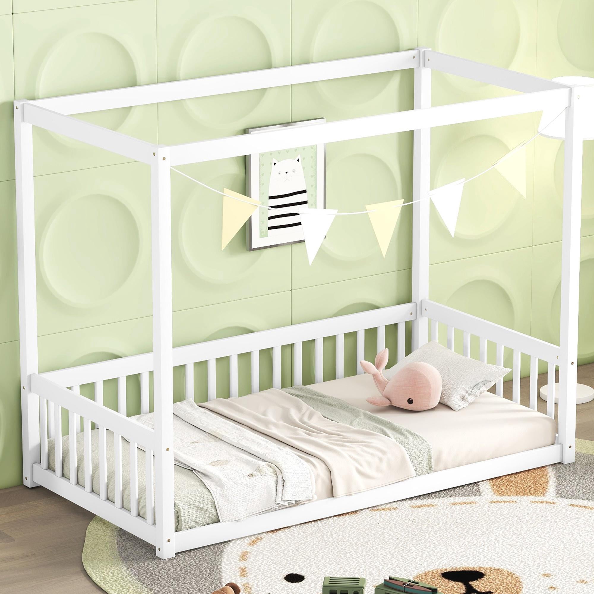 Bellemave Twin Size Canopy Bed Frame, Wood 4 Poster Tents Floor Bed with Fence, Low Profile Platform Beds for Toddler Kids Teens Adults（White)