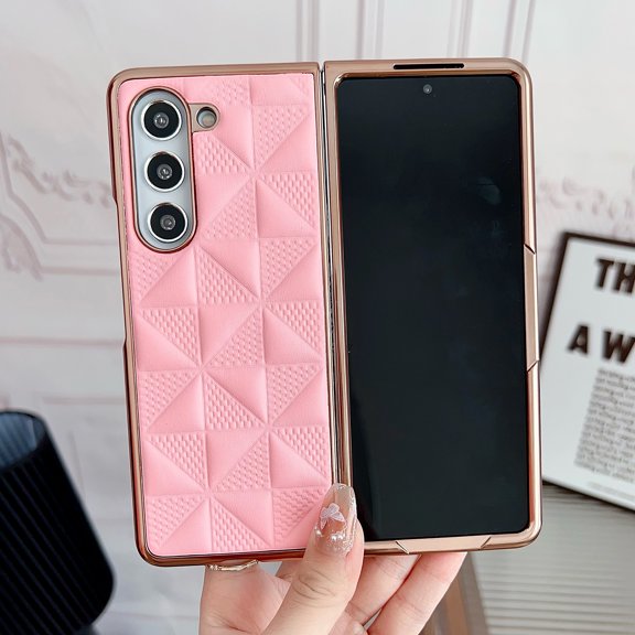 Feishell Fit for Samsung Galaxy Z Fold 6 Phone Case,Stylish Plating Ultra Thin Shockproof Luxury PU Leather Drop Protection Hard PC Bumper Anti-Scratch Phone Cover,Pink