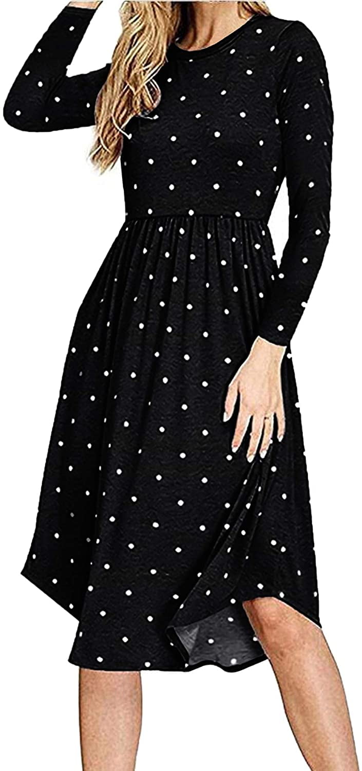 PCEAIIH Women Short/Long Sleeve Pleated Polka Dot Pocket Swing Casual Midi Dress