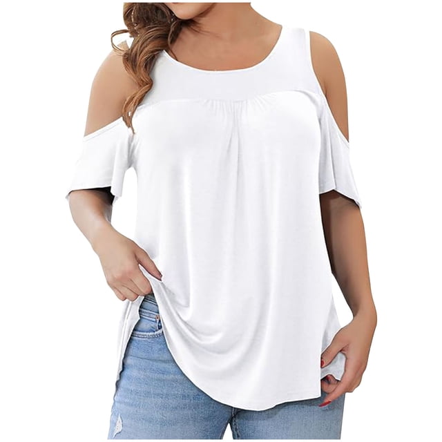 FAIWAD Women's Summer Cold Shoulder Tops Short Sleeve Crewneck T-Shirts Solid Color Casual Basic Tunic Blouse