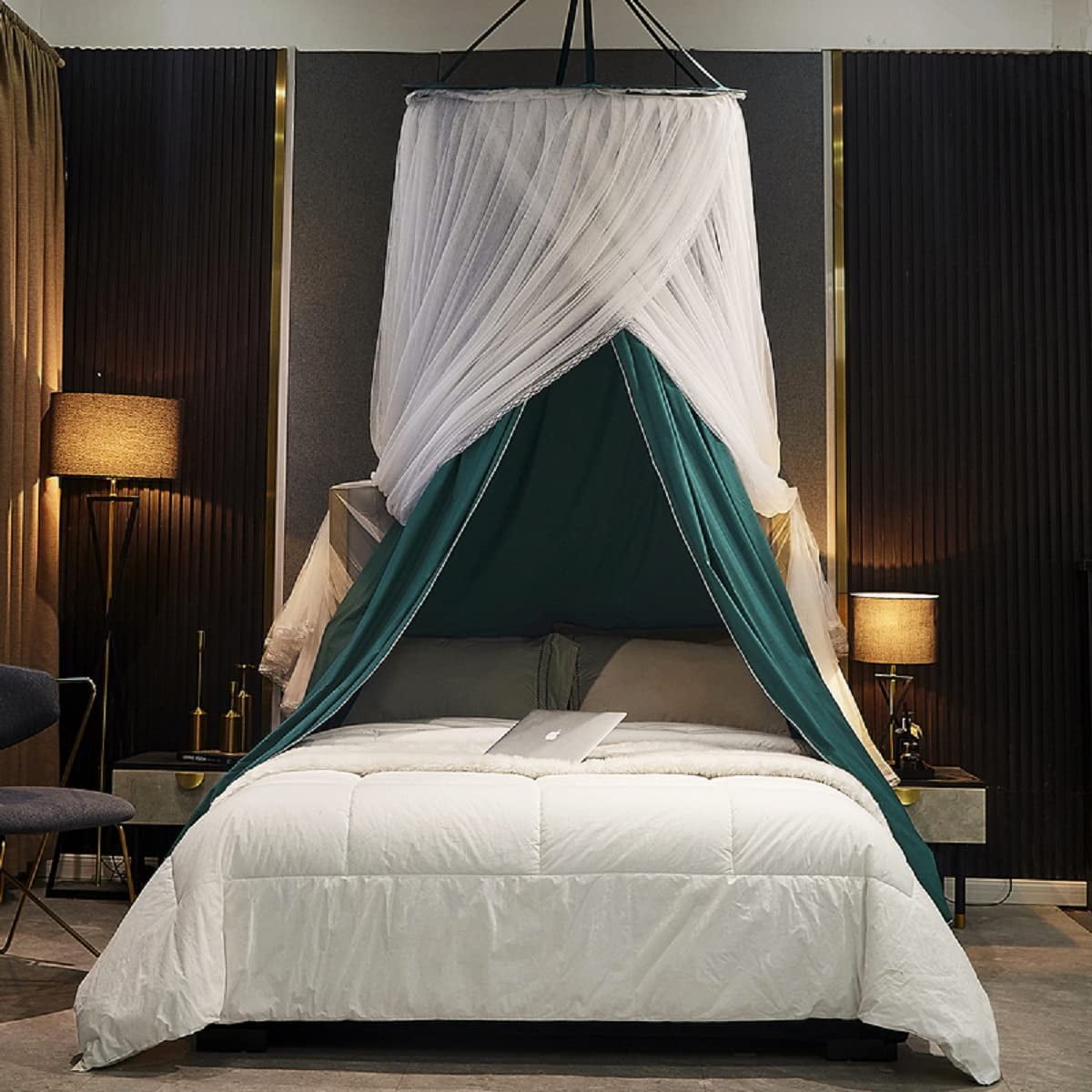 Luxurious Bed Canopy for Girls & Adults - Double Layer Princess Canopy with Lace, Round Dome Mosquito Netting for Queen/King Bed Tent (Peacock Blue)