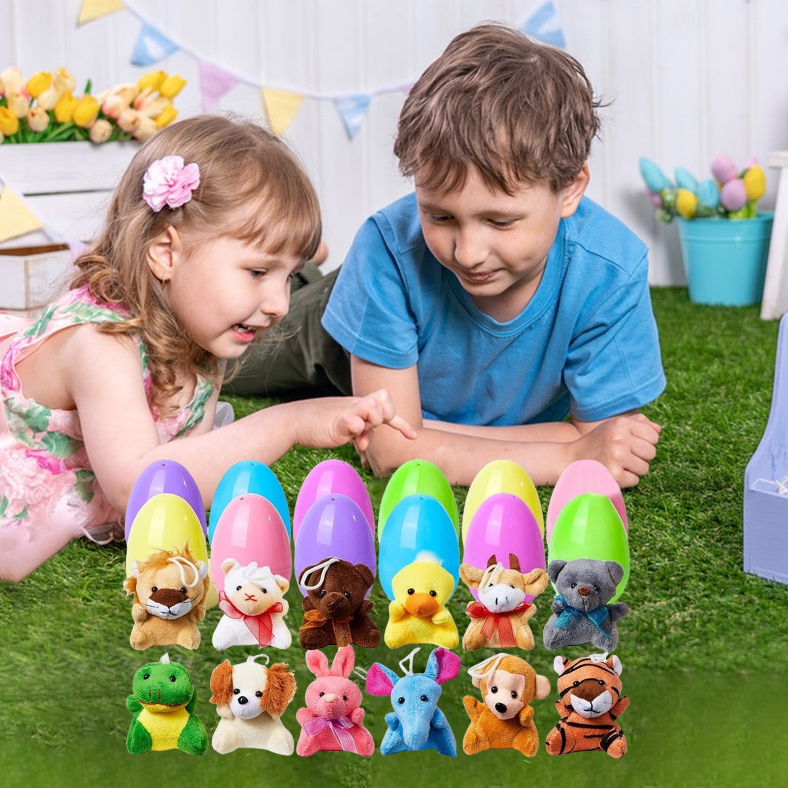 24 Pack Prefilled Easter Eggs of Mini Stuffed Animal Plush Toys Baster Stuffer Filler for Kids Easter Egg Hunt Game, Classroom Prize Supplies