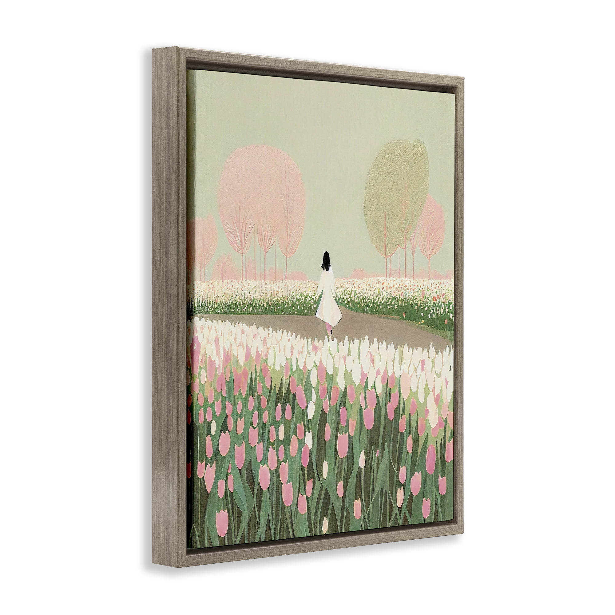 Stupell Industries Walking in Tulip Meadow Landscape Painting Brown Floater Framed Art Print Wall Art, 17 x 21