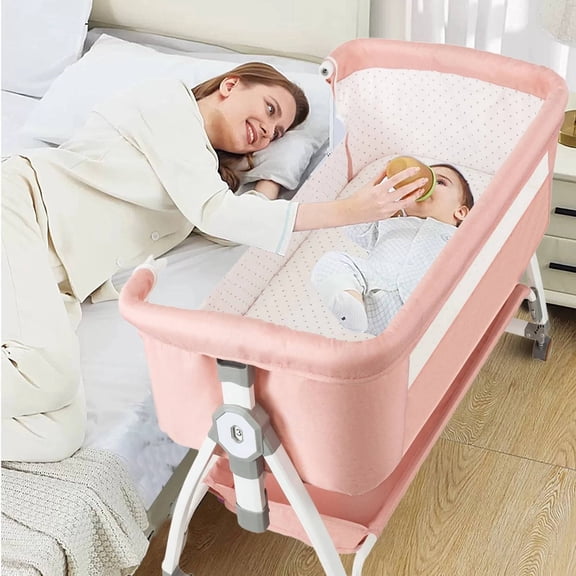 ManyFun Baby Bassinet, Caveen 4 in 1 Adjustable Infant Bedside Crib Beds with Changing Table, Storage Basket, Wheel, Mosquito Net, for 0-24 Months, Pink