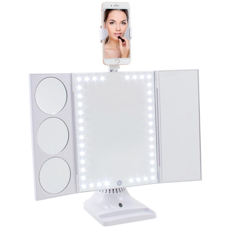 Tri-Fold LED Makeup Vanity Mirror with Adjustable Phone Attachment