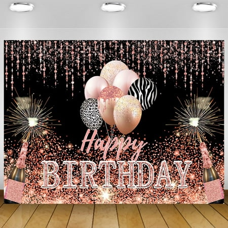 Image of 5x3Ft Birthday Backdrops Pink CM31 Glitter Sequin Balloons Champagne Glass Birthday Decorations Birthday Party Decoration Banner Supplies Happy Birthday Photography Background for Women
