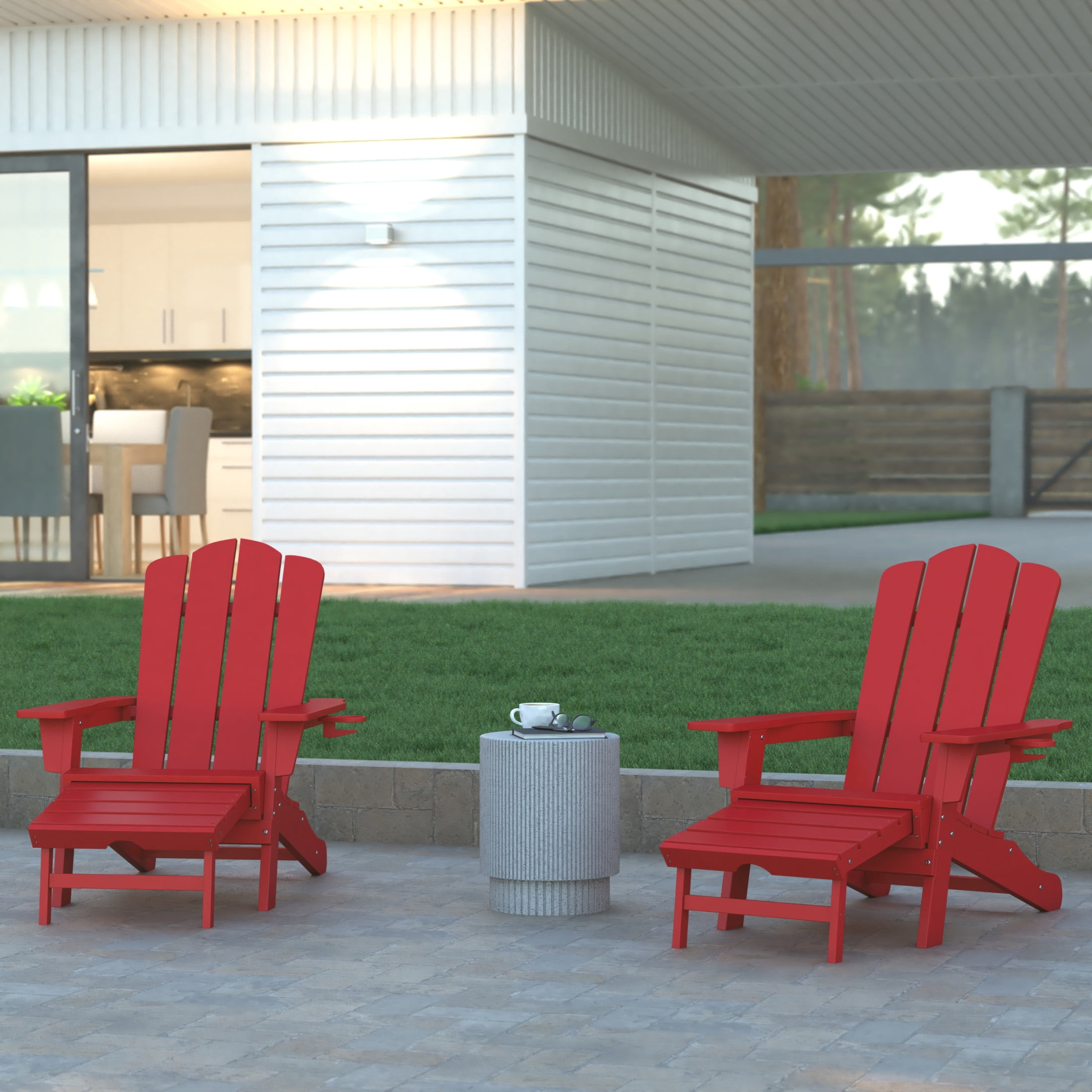 Emma + Oliver Adirondack Chair with Cup Holder and Pull Out Ottoman, All-Weather HDPE Indoor/Outdoor Lounge Chair in Red
