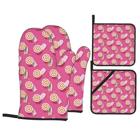 

Oven Mitts and Pot Holders 4 pcs Set Retro style Beach Heat Resistant Pot Holders Oven Mitts for kitchen Non-Slip Hanging Loop Oven Glove Potholders for Baking Cooking
