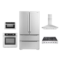 5 Piece Kitchen Package With 36" Slide-In Gas Cooktop 36" Wall Mount Range Hood 24" Single Electric Wall Oven 24" Built-In Microwave Drawer & French Door Refrigerator