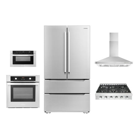 5 Piece Kitchen Package With 36" Slide-In Gas Cooktop 36" Wall Mount Range Hood 24" Single Electric Wall Oven 24" Built-In Microwave Drawer & French Door Refrigerator