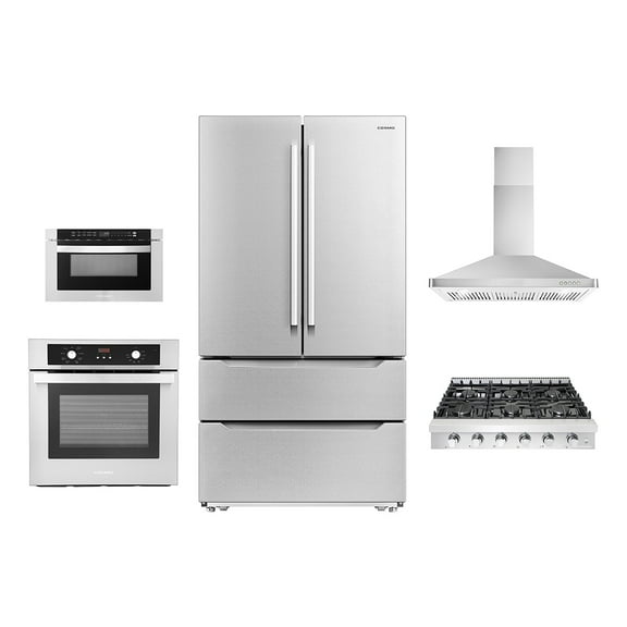 5 Piece Kitchen Package With 36" Slide-In Gas Cooktop 36" Wall Mount Range Hood 24" Single Electric Wall Oven 24" Built-In Microwave Drawer & French Door Refrigerator