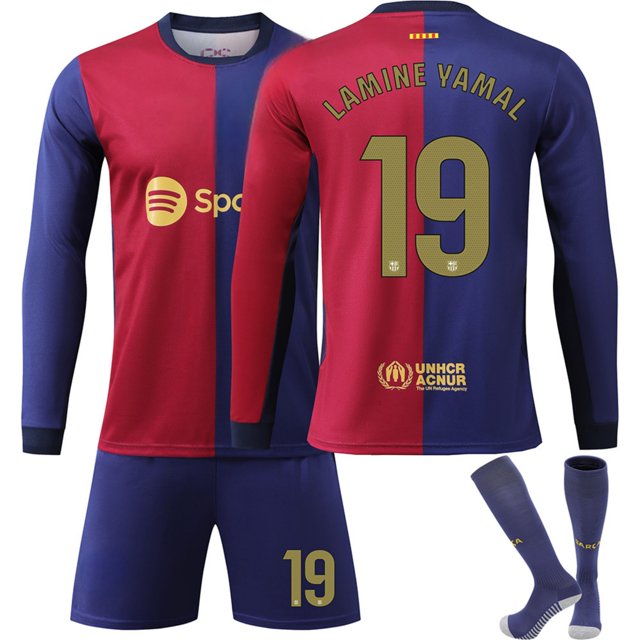 GZSL 2425 Barcelona Home Football Training Kit, Number # 19 Soccer Jerseys & Tops, Colorful Long-Sleeve Kids Football Jersey with Gold Lettering and Small Logo Three-Piece Set/26