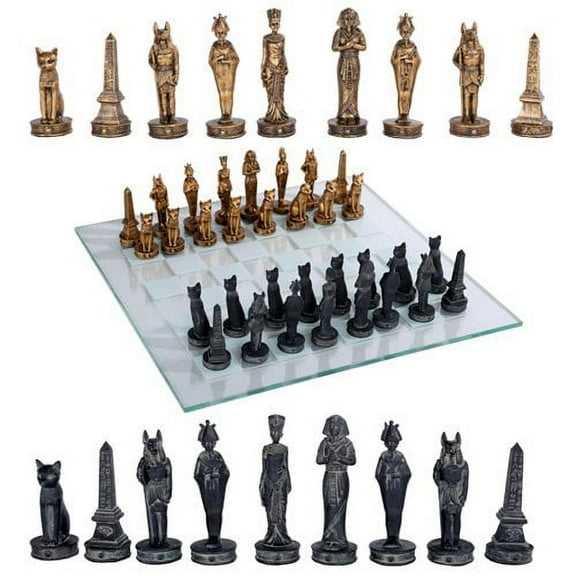 Egyptian Deities Pharaoh King Tut & Nefertiti Resin Chess Pieces With Glass Board Set