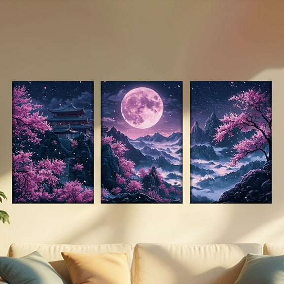 [2D Flat] 3pcs Set Unframed Canvas Art - Encaustic Moonlit Mountain Landscape with Cherry Blossoms, Classic Style Posters for Living Room, Office, Library, Bar, Cafe - Ideal Gift for Birthdays, Holi