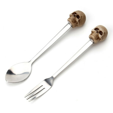 

Skeleton Head Spoon Fork Set Stainless Steel Tableware for Halloween Decoration
