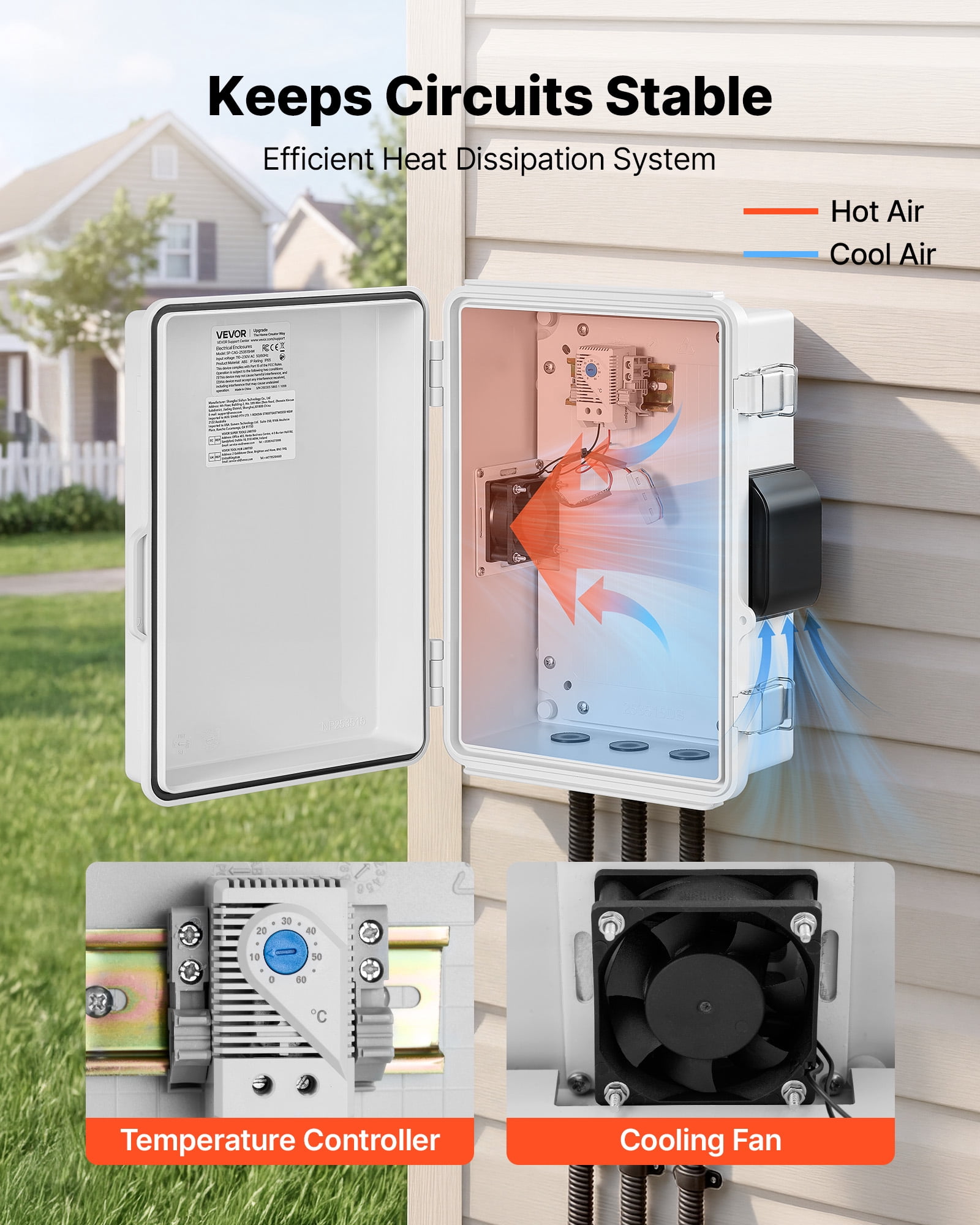 VEVOR Outdoor Electrical Box, ABS, Waterproof Electrical Junction Box with Thermostat and Fan, Mounting Plate, Cable Grommets,Ventilated Plastic Enclosure,14.2 x 10.8 x 5.9 in,IP65 for Indoor/Outdoor