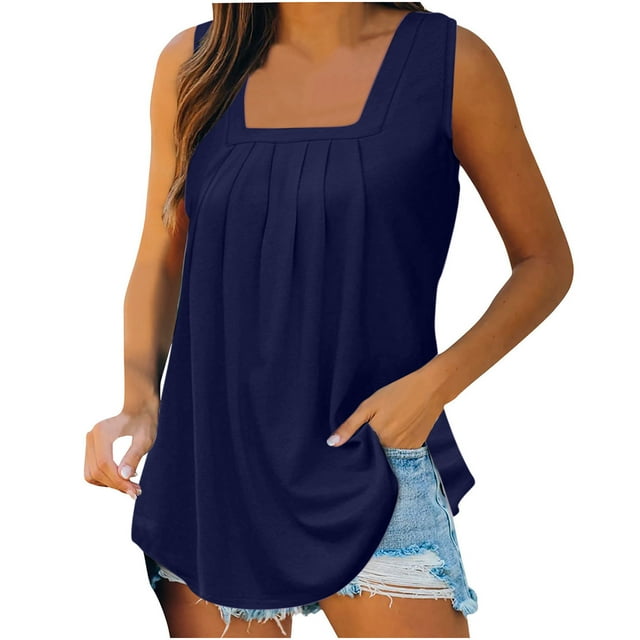 Timegard Womens Tank Tops Solid Color Square Neck Pleated Sleeveless Dressy Casual Tunic Top Basic Tee