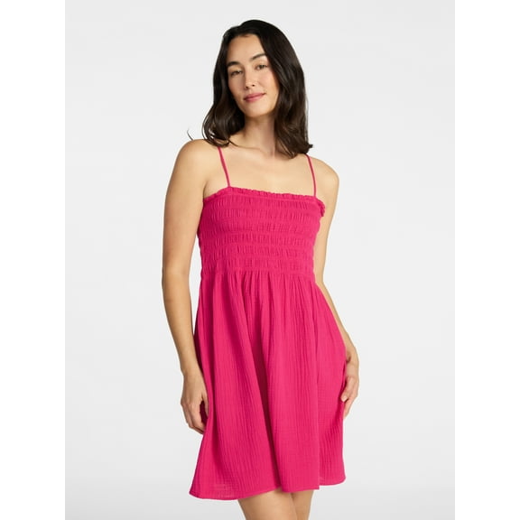 Time and Tru Women's and Women's Plus Smocked Cotton Mini Dress Coverup, Sizes XS-3X