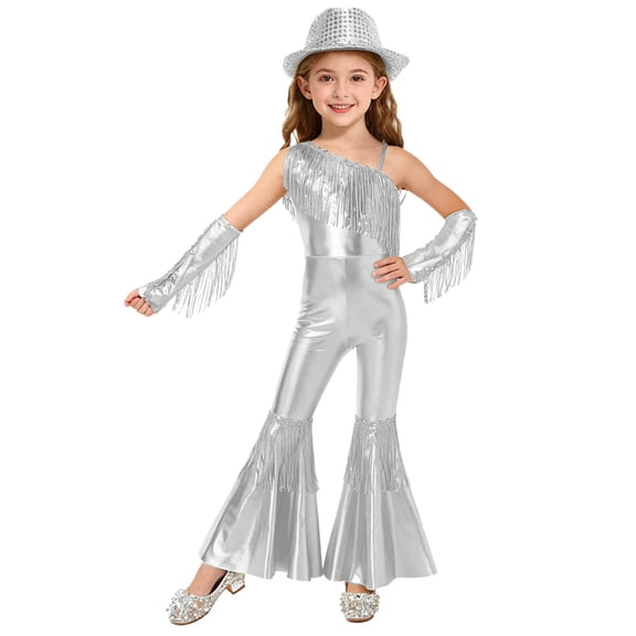 TiaoBug Kids Girls Metallic Funky Dance Jumpsuit and Hat Gloves Fringe Disco 70s Party Outfit Silver 12