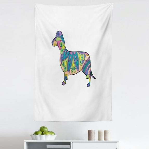 Dachshund Tapestry, Colorful Small Puppy Silhouette with Floral Composition Pattern Lily Blossom, Fabric Wall Hanging Decor for Bedroom Living Room Dorm, 5 Sizes, Multicolor, by Ambesonne