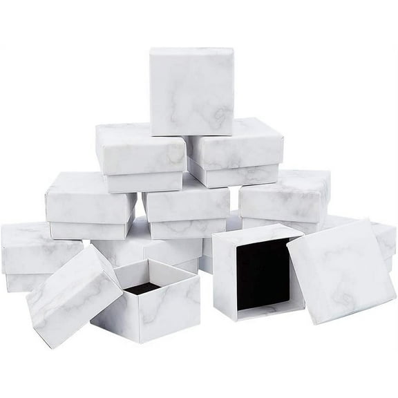 12 Pack Small Square Kraft Ring Earring Box 2x2x1.2" Marble White Cardboard Jewelry Gift Boxes