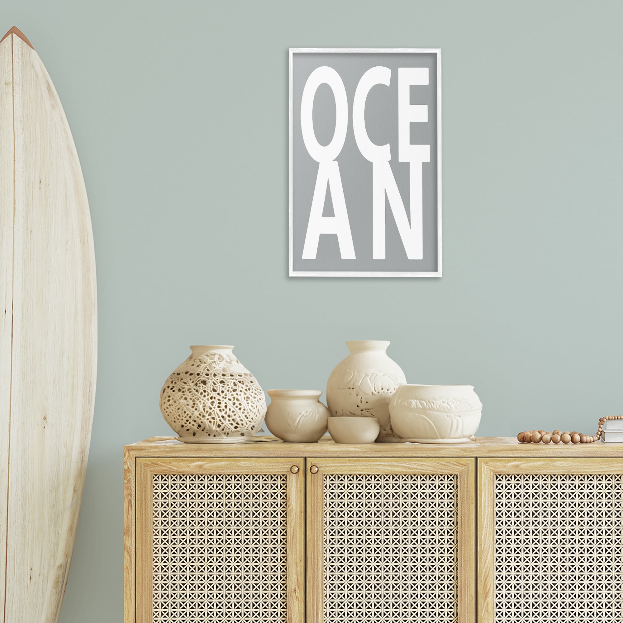 Stupell Industries Ocean Word on Grey Typography Painting White Framed Art Print Wall Art, 16 x 24