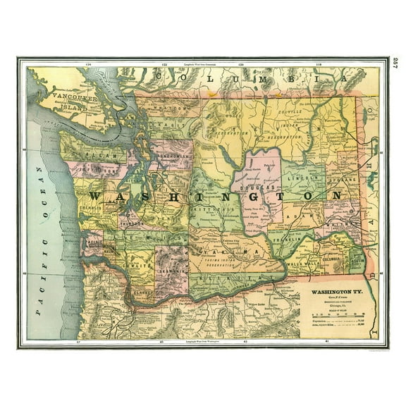 Historic State Map - Washington - Johnson 1888 - 28.81 x 23 - Vintage Wall Art