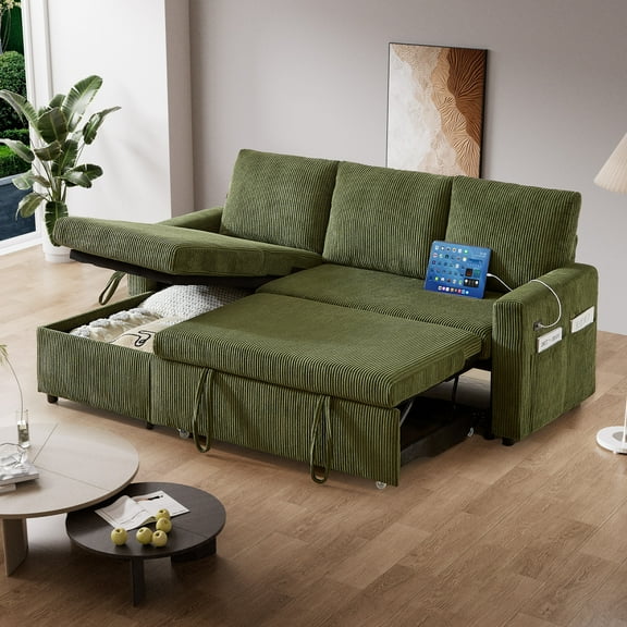 81"L-Shape Convertible Sleeper Sectional Sofa with Storage Chaise and Pull-Out Bed,Reversible Corner 3 Person Couch, for Living Room, Apartment,USB Ports