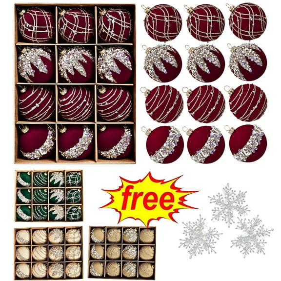 Lwlmwt 12 Pcs Velvet Christmas Ball Ornaments Set, Flocked Christmas Tree Ornaments Ball Shatterproof Xmas Balls Set Plastic Decorative Hanging Ornament for Xmas Wedding Party Home Decor