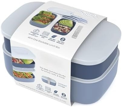 Classic - Adult Bento Box, Stackable 3-Compartment Lunch Box with Removable Utensil Set and Sealing Strap, BPA-Free, Food Container Ideal for Meal Prep, Work, and On the Go (Slate)