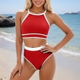 thumbnail image 2 of Bathing Suit for Women 2 Piece Tummy Control High Neck Racerback Top Triangle Colorblock Bikini Sets Sporty Swimsuits, 2 of 4