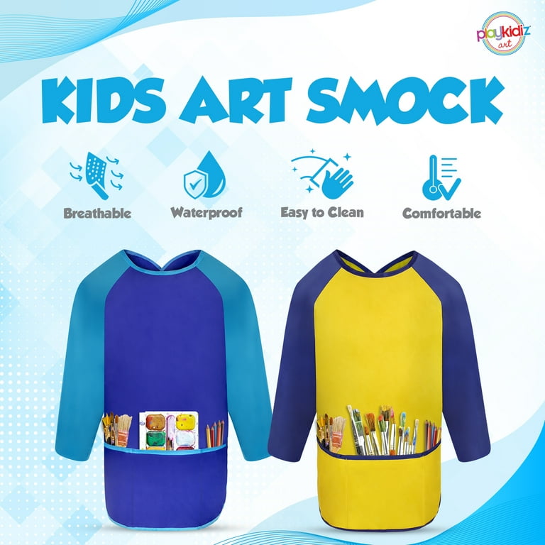 Playkidiz Art Kids Smock Paint Shirt Set of 2 Preschool Artist Aprons Kids Paint Smock Shirt for Kids Painting Coat 3150 Blue Yello Size 3