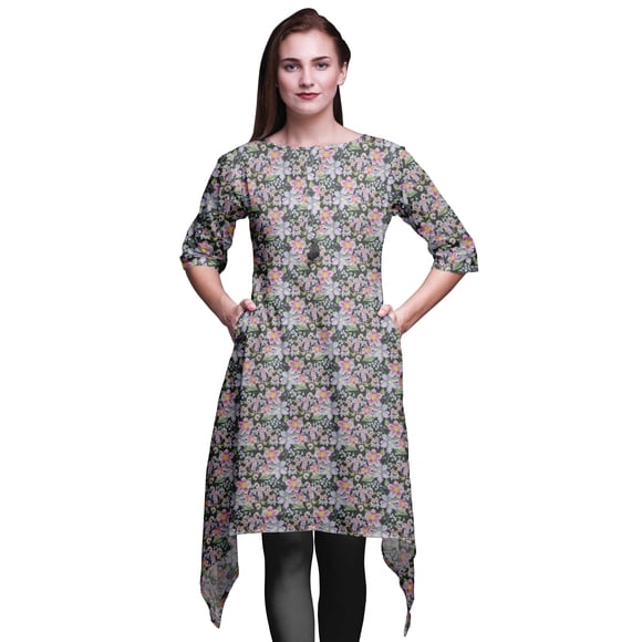 Bimba Gray Anemone & Periwinkle Floral Printed Tops For Women Asymmetric Kurti Summer Dress For Girls X-Large