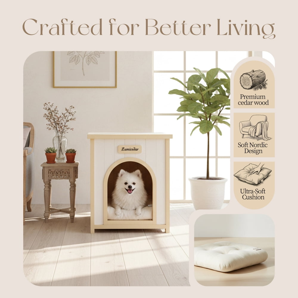 Modern Indoor Wooden Pet House with Removable Cushion - Solid Cedar Furniture for Small Pets