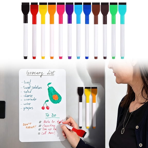 Urbanw 12 Count Colorful Dry Erase Markers with Eraser with Fine, Tip Whiteboard Markers for Ki ds and Teac her, Erasable Pens, Low Odor Whiteboard Markers for Calendar Boards White Board 12Pcs