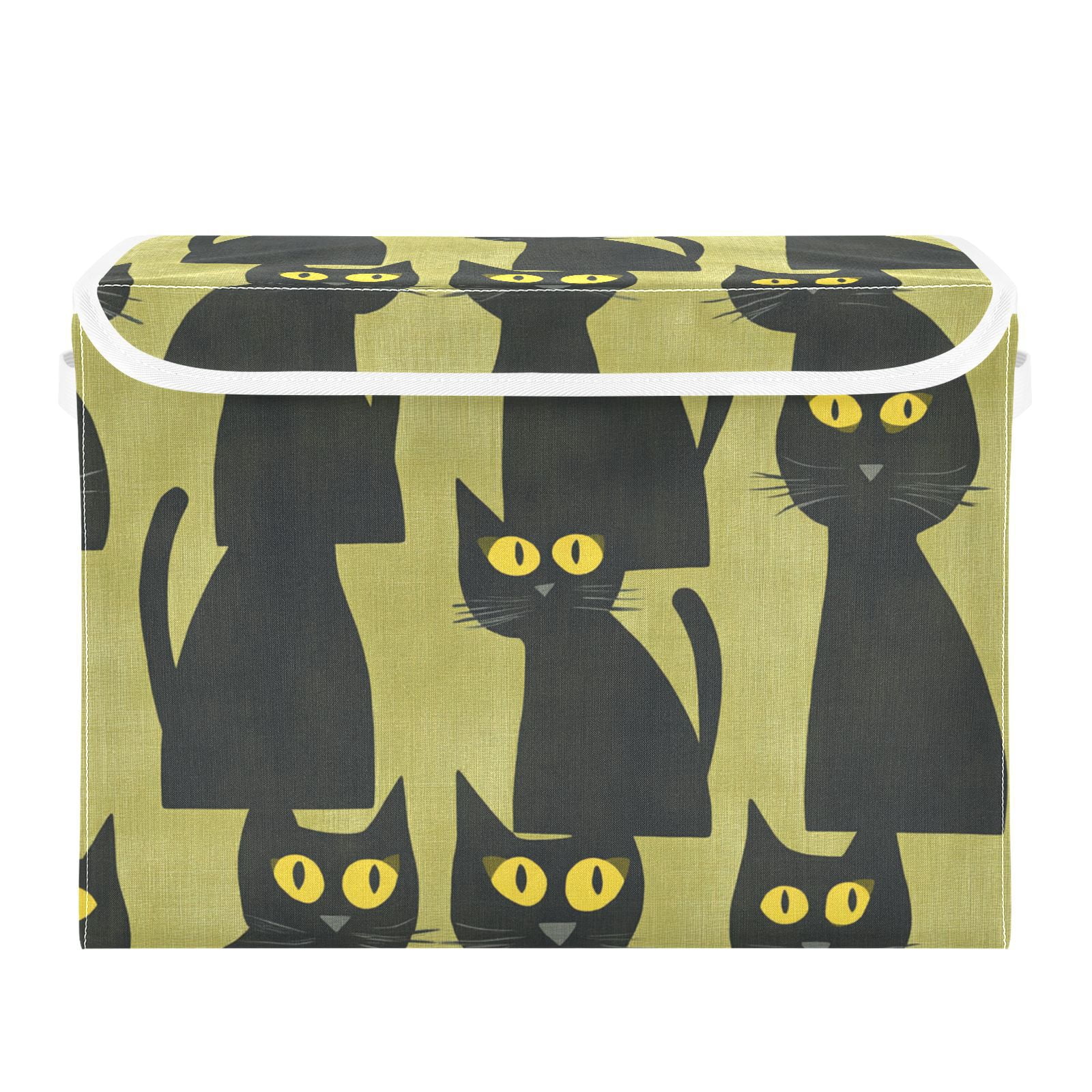 Black Cats in Green Storage Basket for Shelves Foldable Container Organizer for Organizing Toys Clothes Books with Handles
