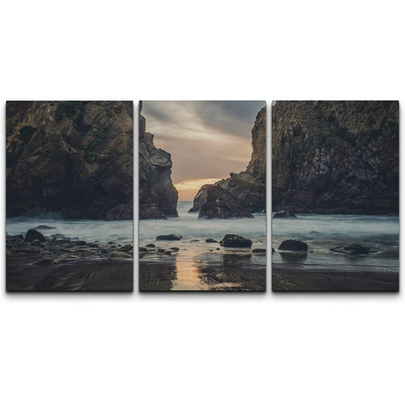 wall26 Canvas Print Wall Art Set Craggy Rocks & Seashore with Waves at Dusk Nature Wilderness Photography Realism Contemporary Expressive for Living Room, Bedroom, Office - 16"x24"x3 Pa
