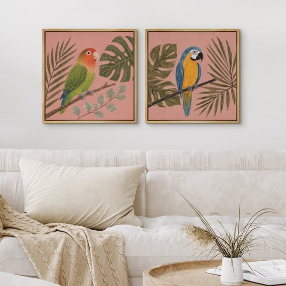 Framed Canvas Print Wall Art Set of 2 Tropical Parrots Prints Colorful Birds Artwork For Living Room Decor - 16"x16"x2 NATURAL