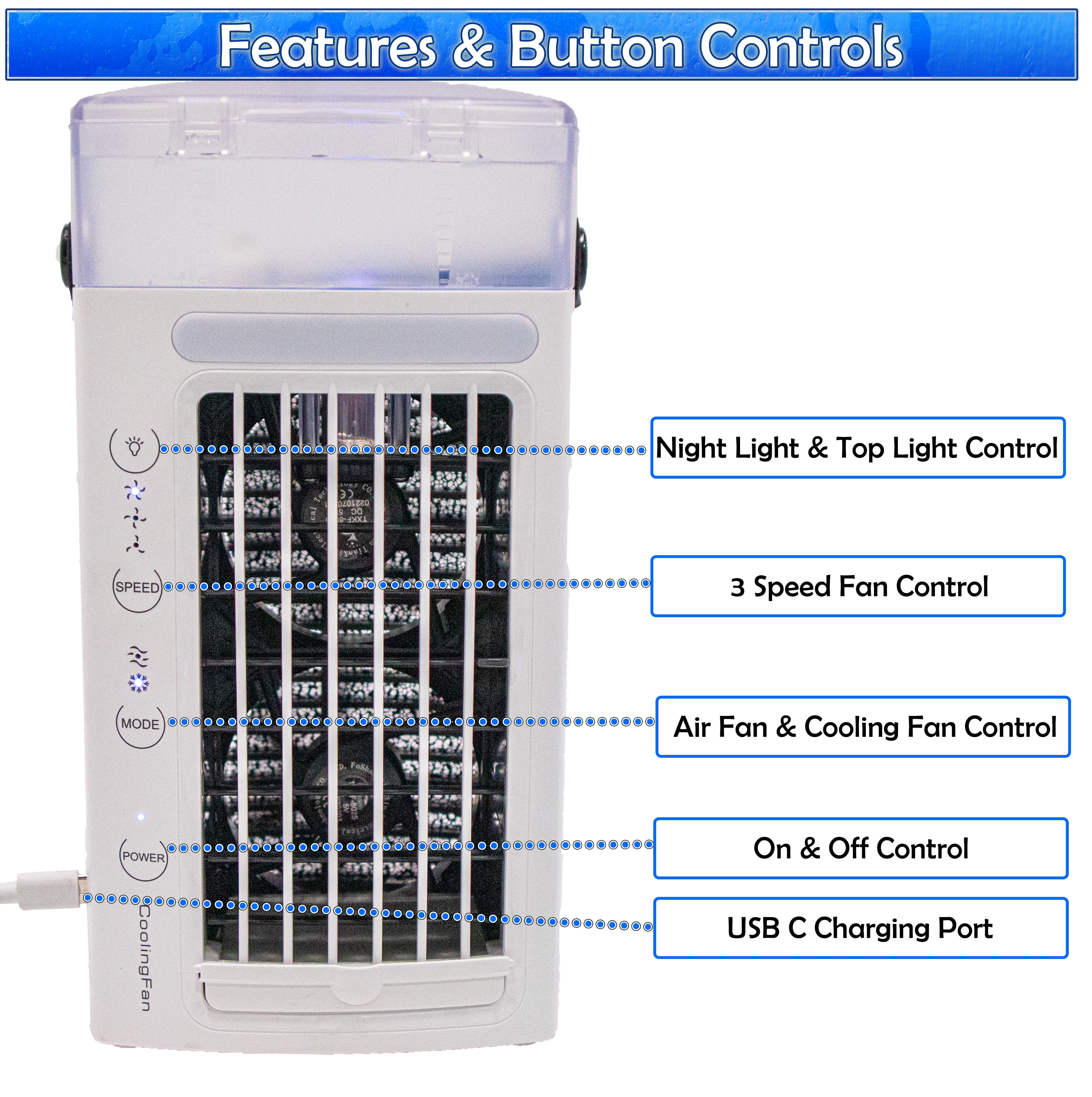 Portable Air Conditioner - Personal Space 3-in-1 Evaporative Air Cooler Compact Desk Humidifier, Mobile Mini AC, and Dual Fans - 3 Adjustable Speeds and 7 LED Lights - Ideal for Home or Office