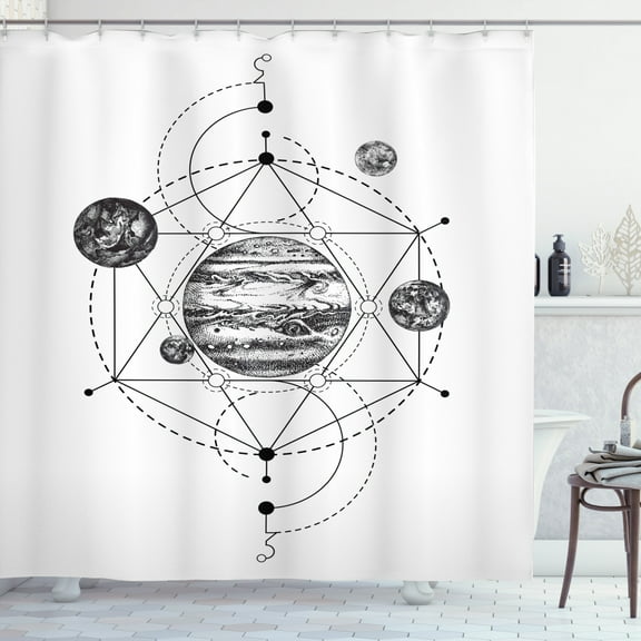 Abstract Shower Curtain, Monochrome Graphic with Planets and Dash Line Geometric, Fabric Bathroom Set with Hooks, 69W X 84L Inches Extra Long, Charcoal Grey White, by Ambesonne