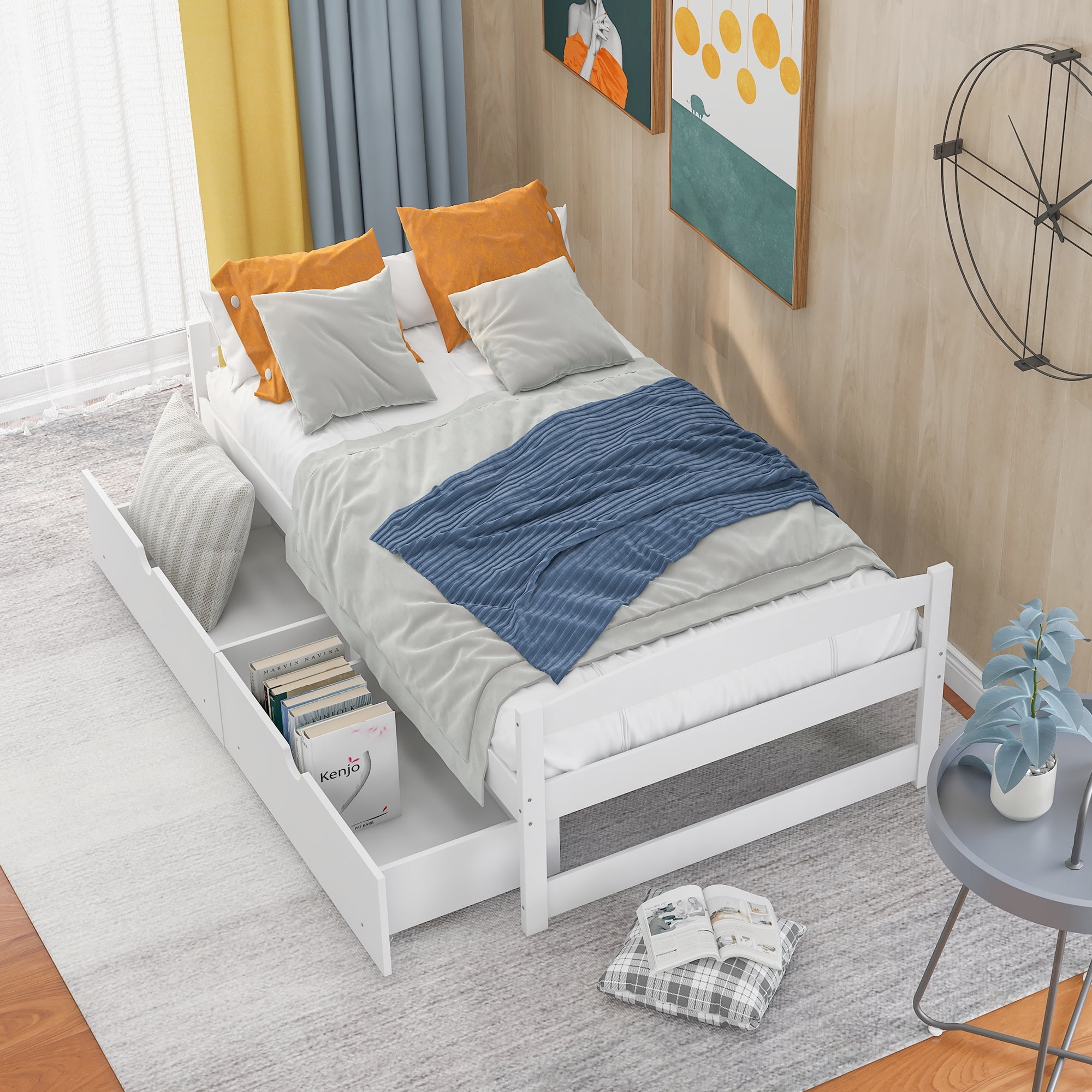 Euroco Twin Wood Daybed with 2 Storage Drawers for Kids Teens, Twin Platform Bed, White