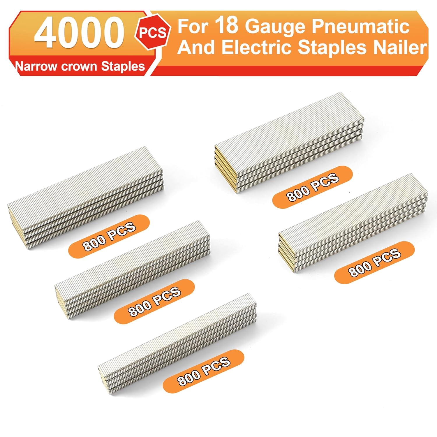 18 Gauge 1/4" Narrow Crown Staples,18GA Nail Gun Nails Assorted, Suitable for Most Brand of 18 Gauge Pneumatic and Electric Stapler Nailer (1/2",3/4",1",1-1/4",1-1/2":4000PCS)
