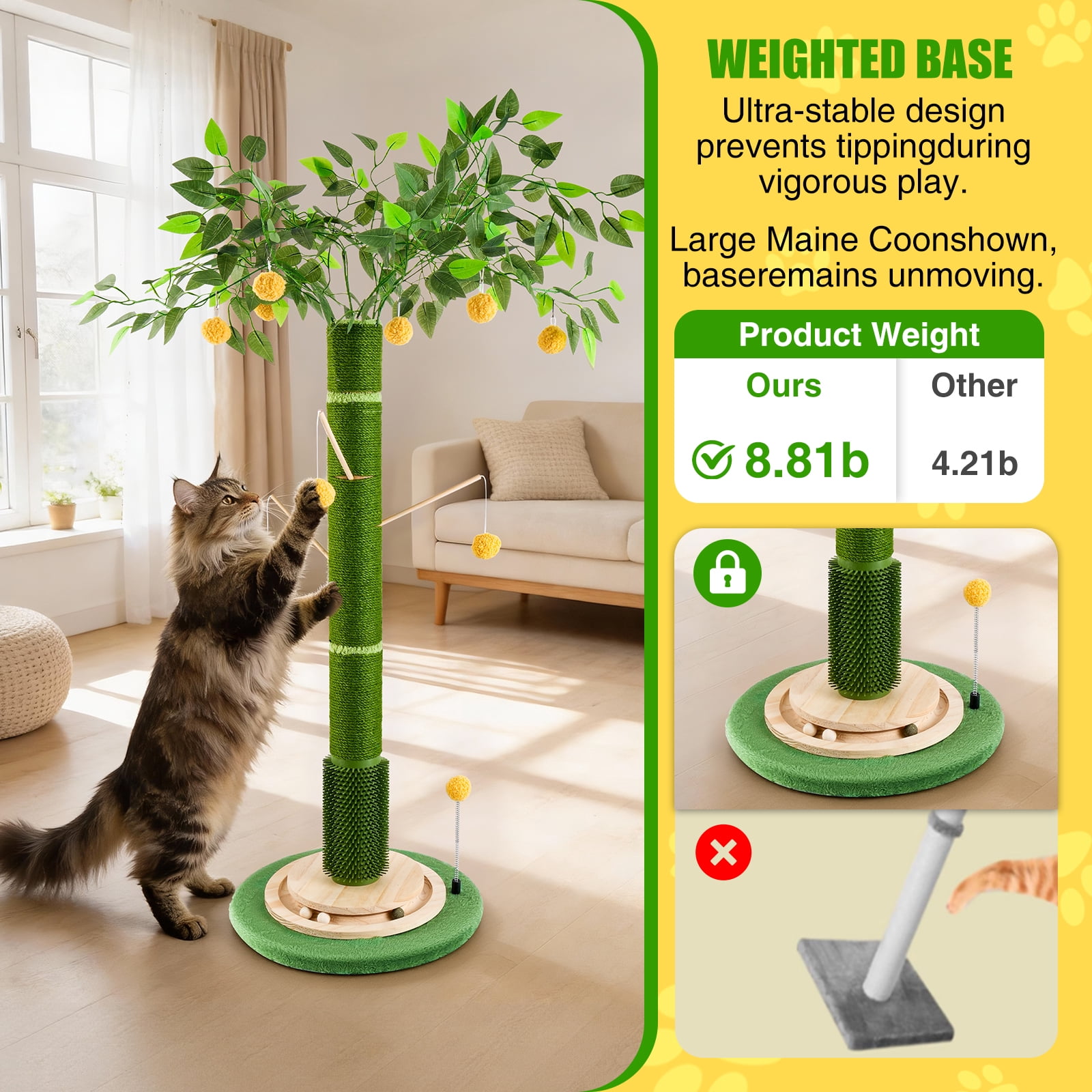 45'' Tall Cat Scratcher with Sisal Rope,Cat Scratching Posts for Indoor Cats with Interactive Ball,Self Groomer with Hanging Ball for for Kittens Adults Cats