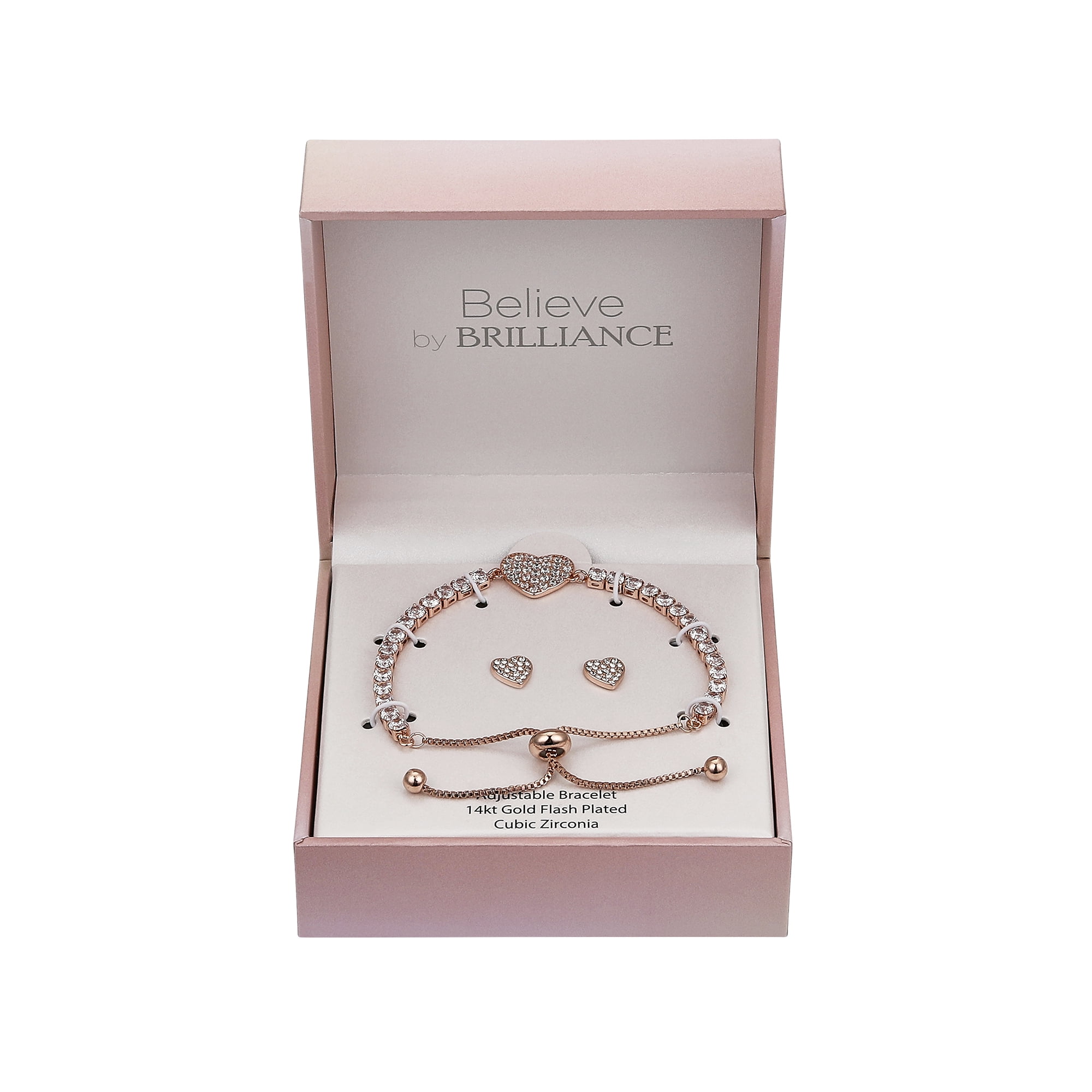 Believe by Brilliance Women's 14Kt Rose Gold Flash Plated Cubic Zirconia Heart Bolo Bracelet and Stud Earring Set, Adjustable
