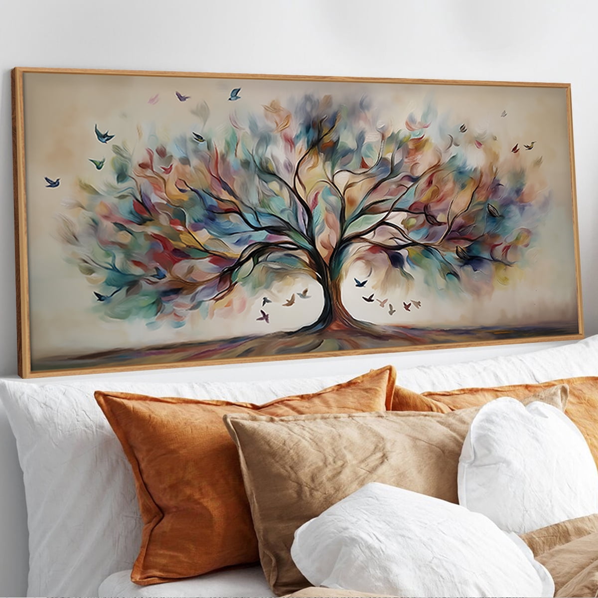 TOARTi Tree of Life Framed Canvas Wall Art Abstract Bird with Colorful Leaves Painting Nature Big Tree Decor for Living Room Bedroom Office 20x40 Inch