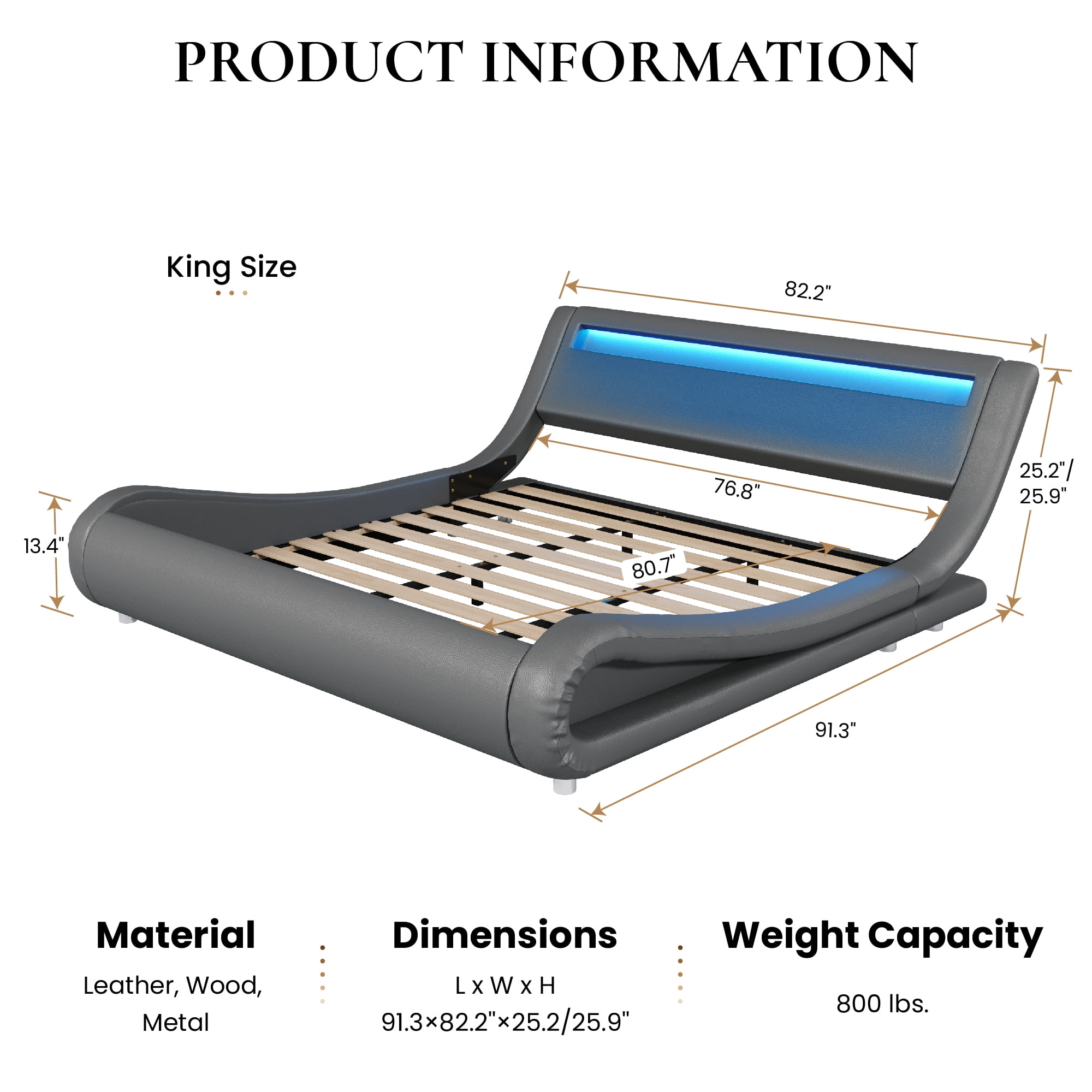 Sha Cerlin King Size Wave-Like Curve PU Leather Platform Bed Frame with Adjustable Headboard and LED Lights, Dark Grey