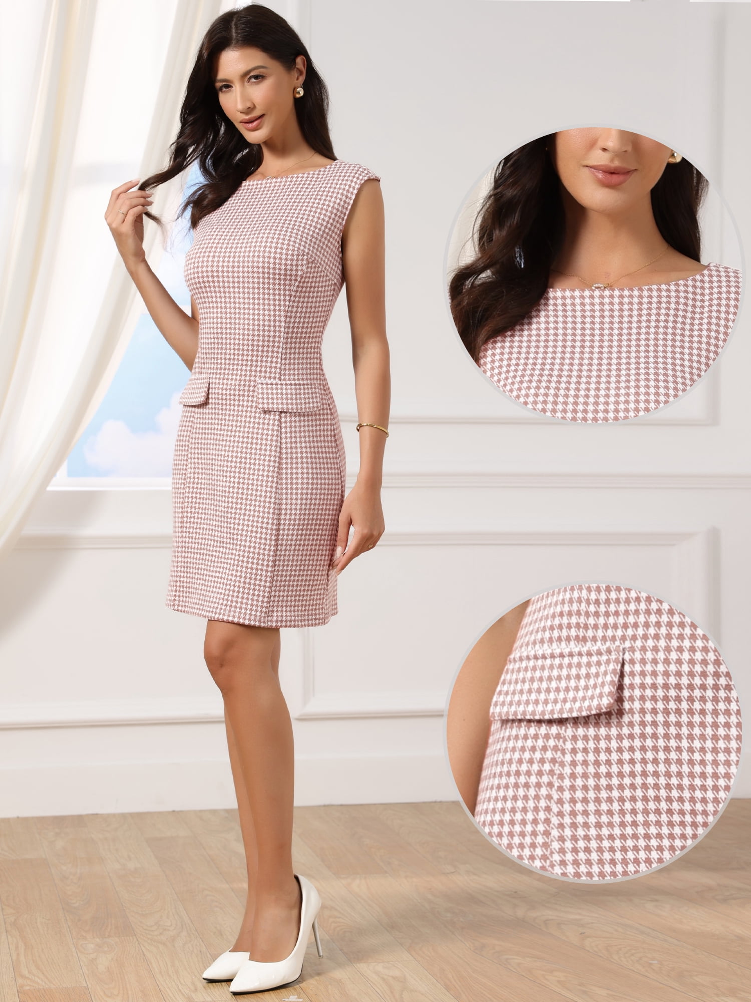 DARING DIVA Women's Elegant Sleeveless Boat Neck Work Business Sheath Dresses S Pink