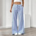 thumbnail image 2 of Womens Striped Cotton Linen Pants Low Rise Wide Leg Trendy Drawstring Elastic Waist Casual Trouser With Pockets, 2 of 6